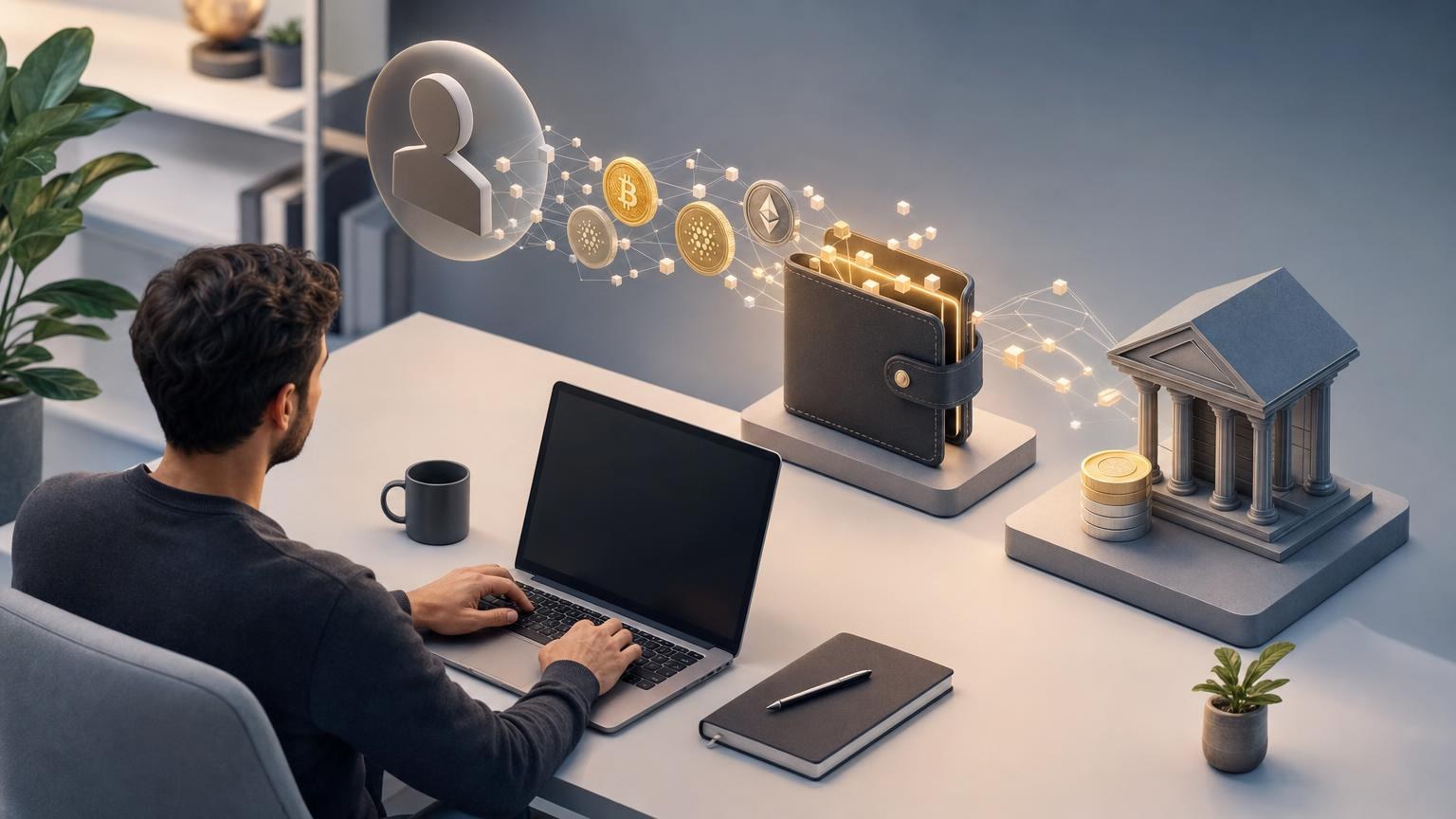 A freelancer checks a cryptocurrency payment request, wallet address, network, transaction record, and exchange details on a laptop
